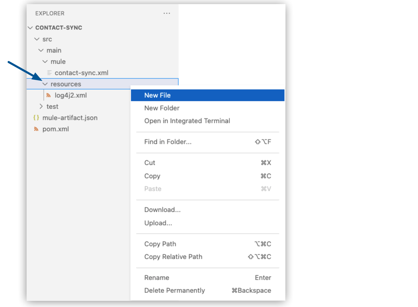 The resources directory highlighted in the explorer, with the *New File* menu option selected