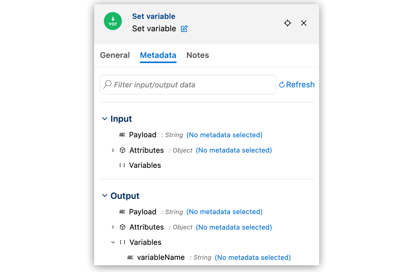 Metadata tab for a component