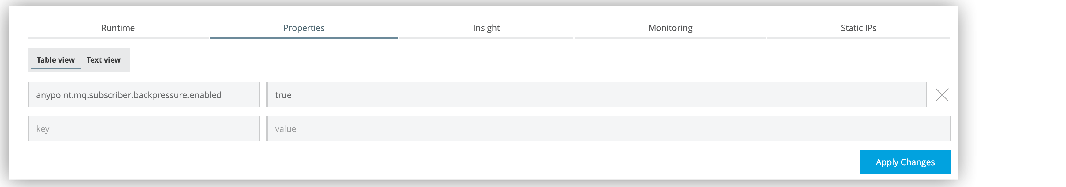 Properties table with anypoint.mq.subscriber.backpressure.enabled set to true