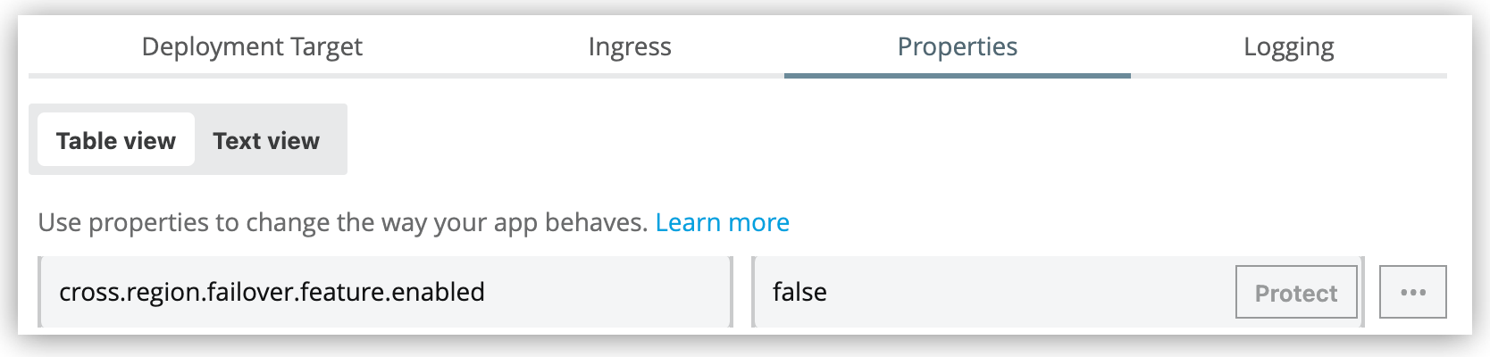 Properties table with cross.region.failover.feature.enabled set to false