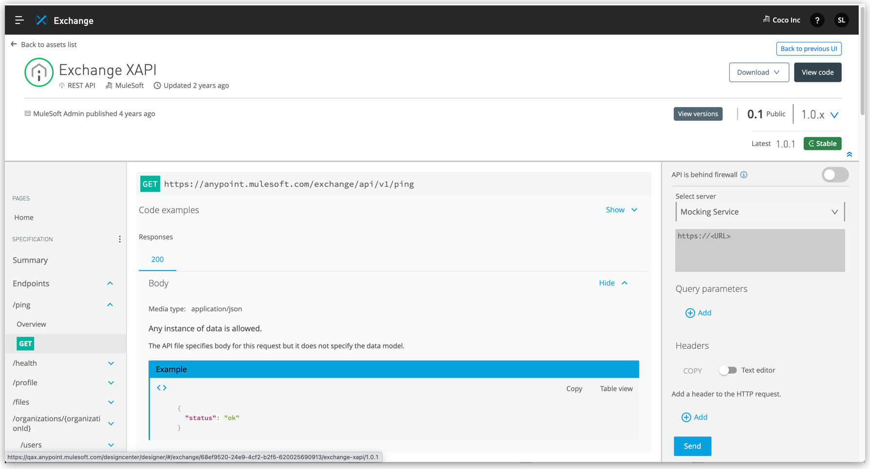 API Console showing the mocking service