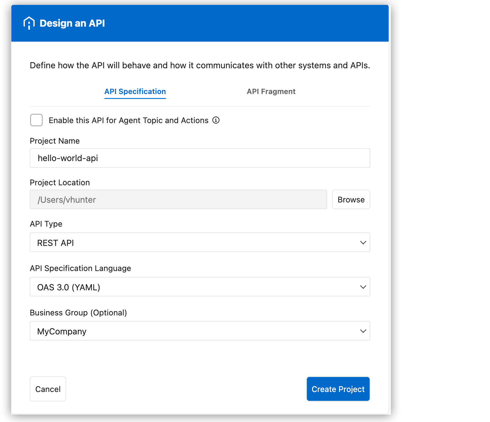 The form to create a new API spec with values filled in