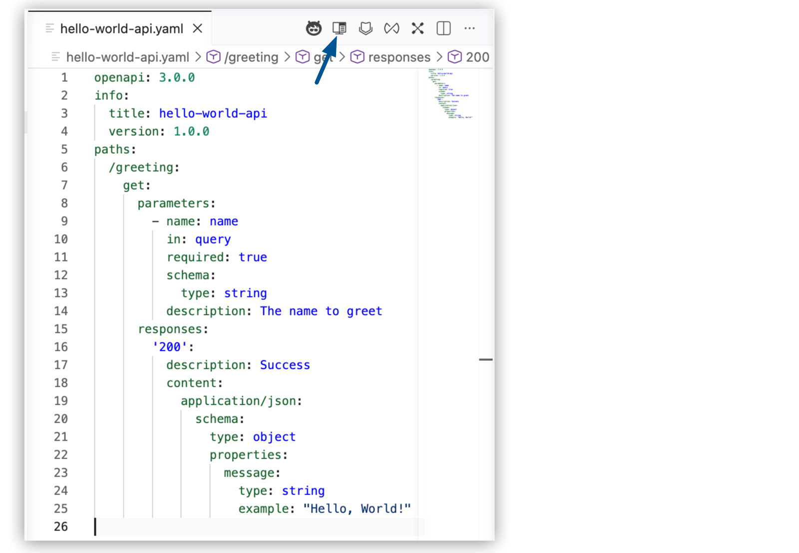 Yaml file is open and API Console icon is selected in the toolbar