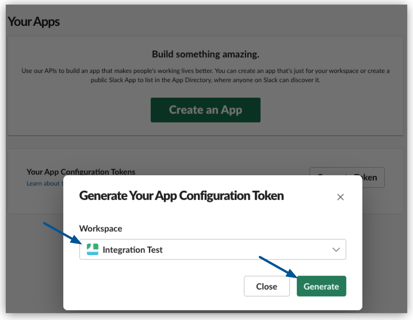 Slack での設定トークンの生成