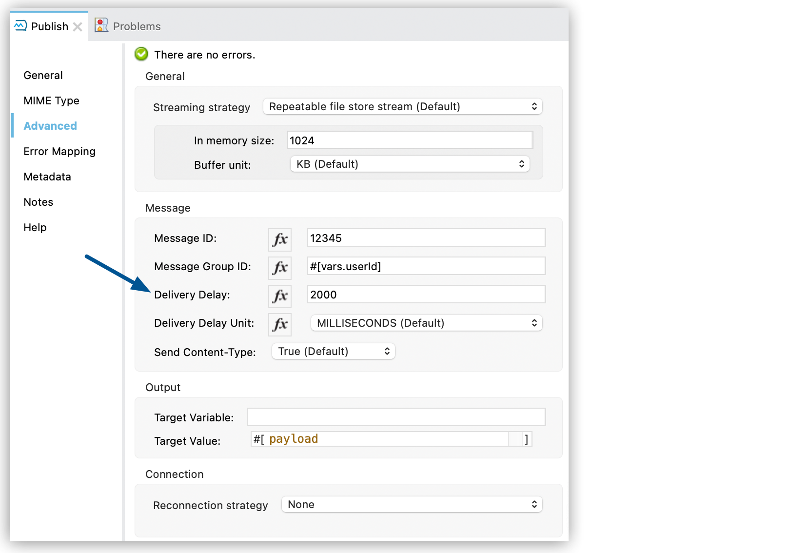Anypoint MQ Publish の [Advanced (詳細)] タブ - [Delivery Delay (配信遅延)]