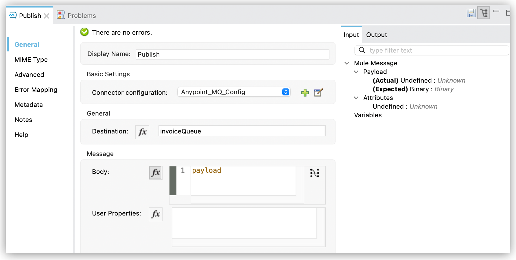 [Destination (宛先)] が [invoiceQueue] に設定されている Publish 設定ウィンドウ