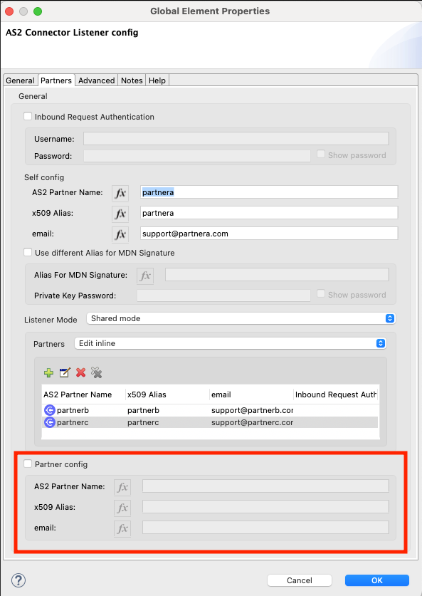 「AS2 Connector Listener config (AS2 Connector リスナー設定)」 画面の強調表示されたセクションでは項目を設定しない。