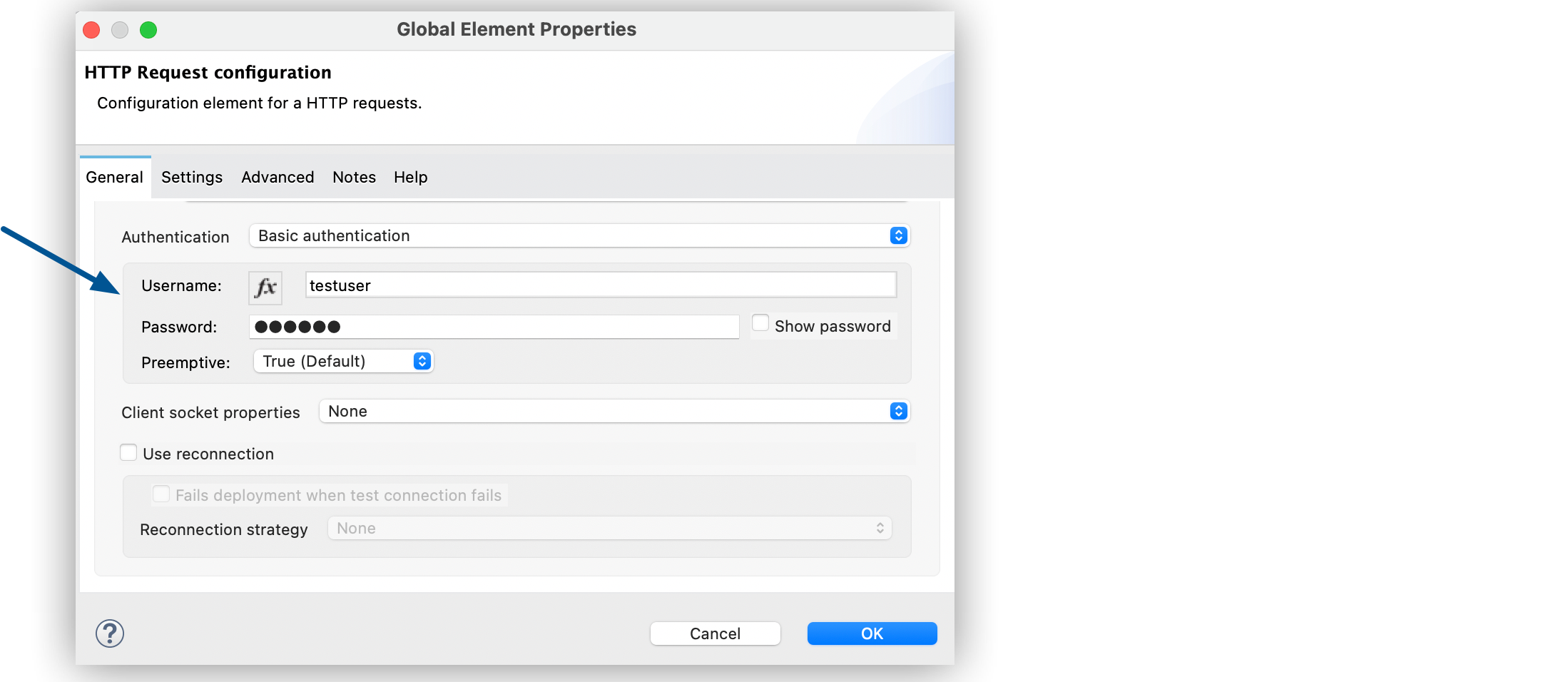 Basic authentication に設定された [Authentication (認証)] 項目、testuser に設定された [User (ユーザー)] 項目、Mypassword に設定された [Password (パスワード)] 項目