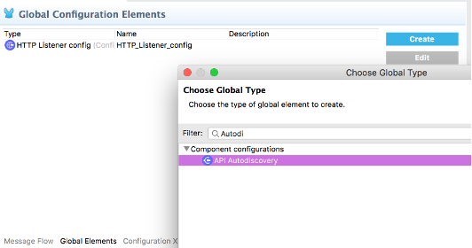 [Component configurations (コンポーネント設定)] というラベルが付いたドロップダウンで [API Autodiscovery (API の自動検出)] が選択されているグローバル要素を設定するためのフォーム