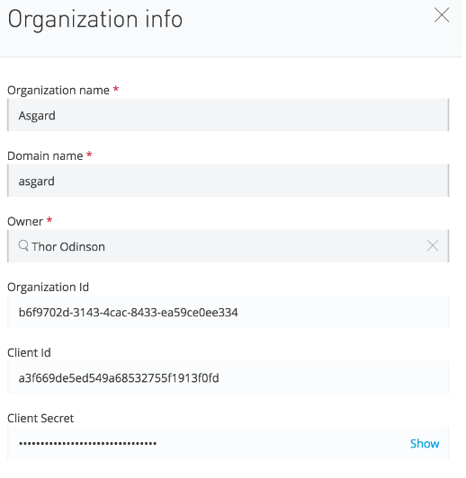 Mule 4 での名前、ID、クライアントシークレットなどの組織情報が表示されているフォーム