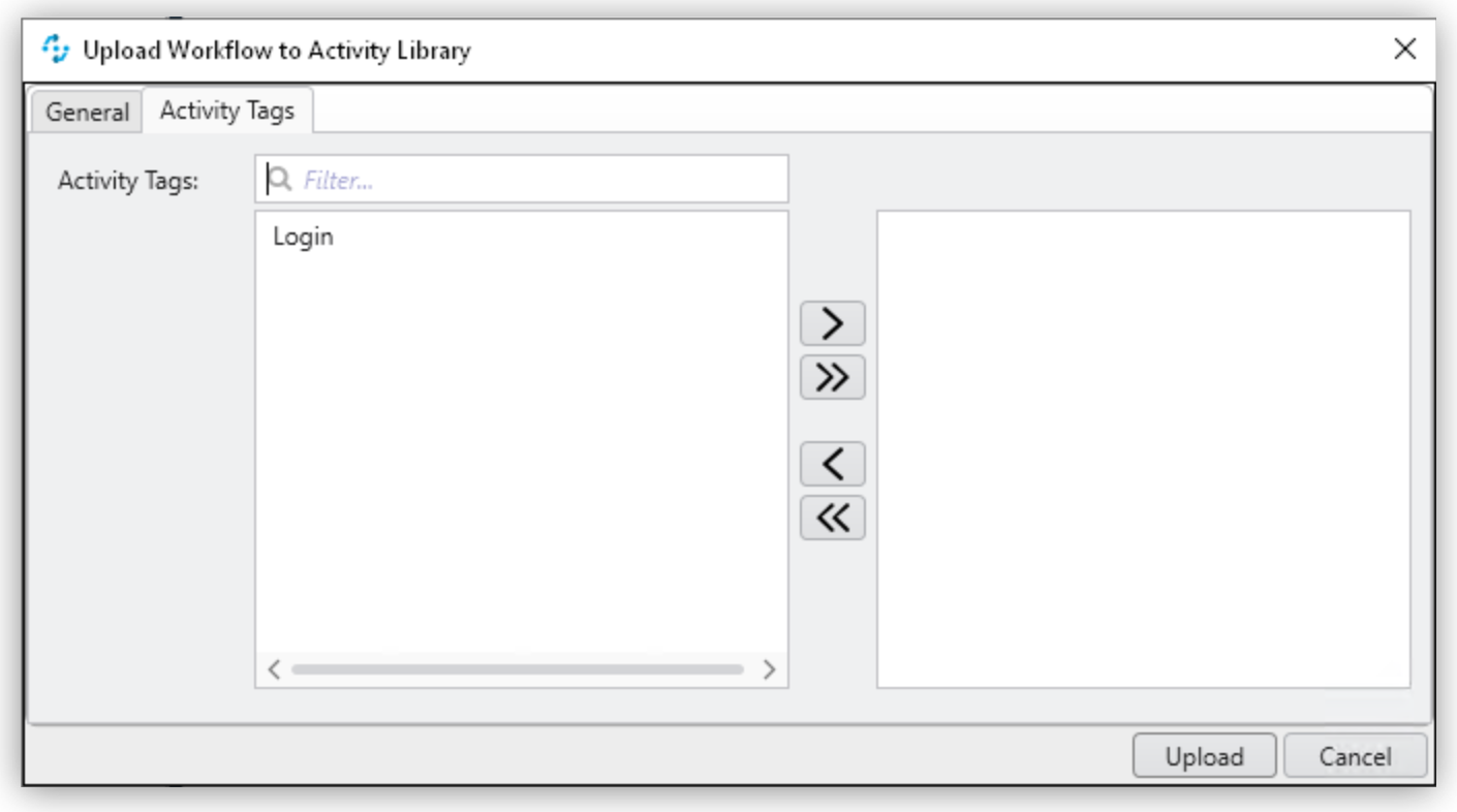 アクティビティタグが表示されている 「Upload Workflow to Activity Library (アクティビティライブラリにワークフローをアップロード)」 ウィンドウ