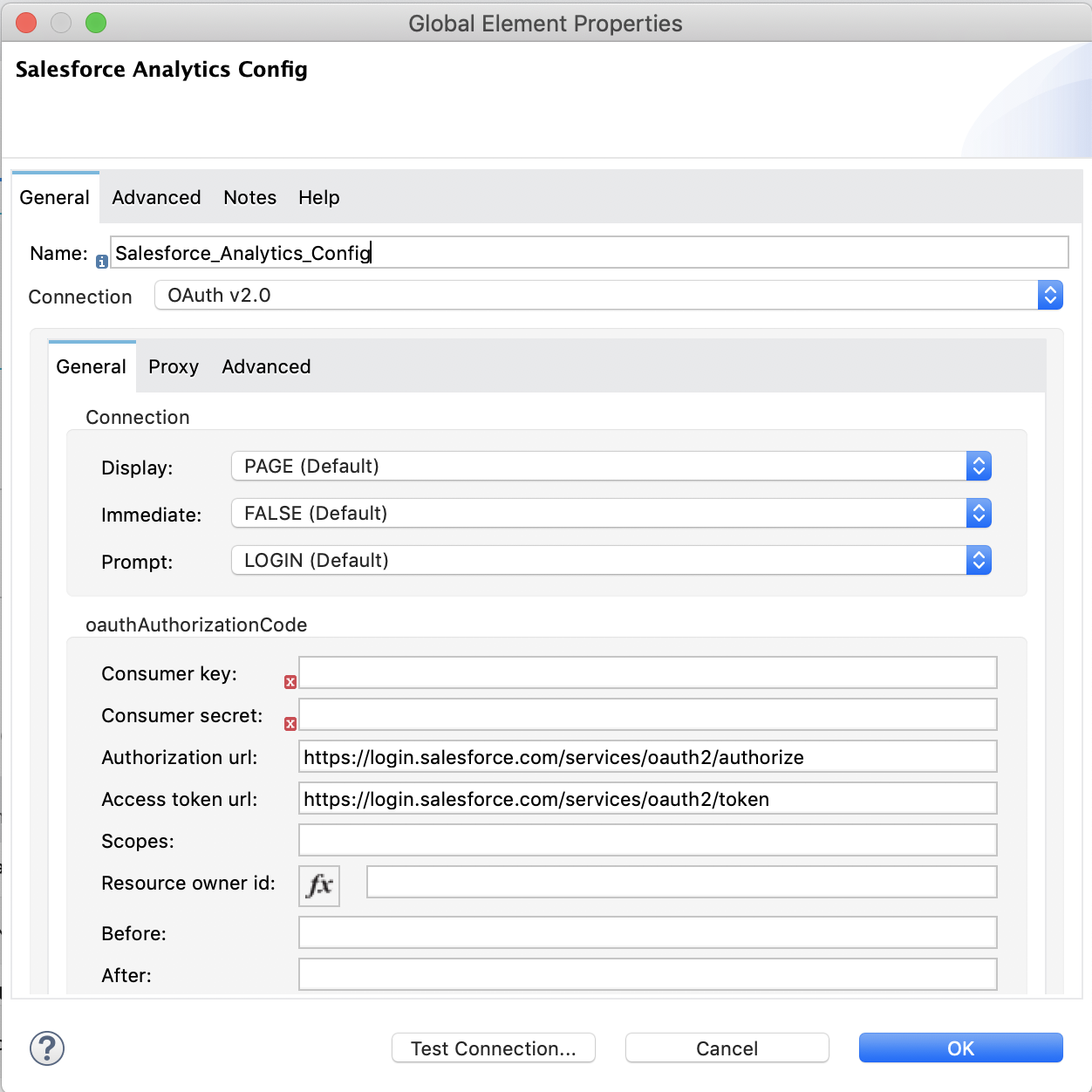 OAuth v2.0 の [Global Element Properties (グローバル要素プロパティ)] ウィンドウ