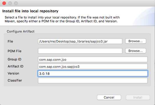 [Install file into local repository (ローカルリポジトリにファイルをインストール)] ウィンドウ