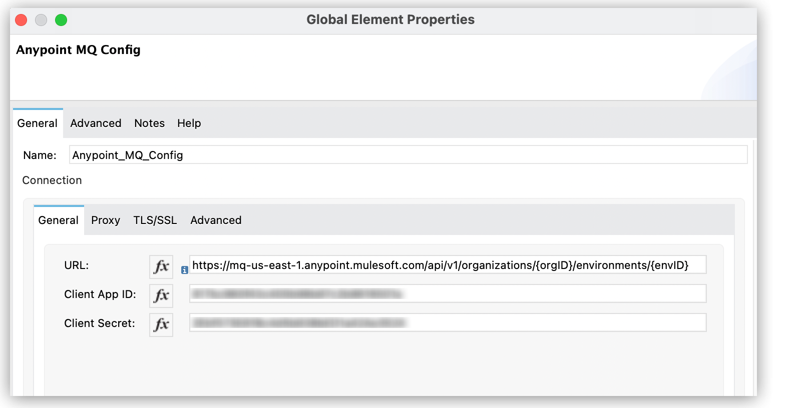 Anypoint MQ Config window showing the URL, Client App ID, and Client Secret fields