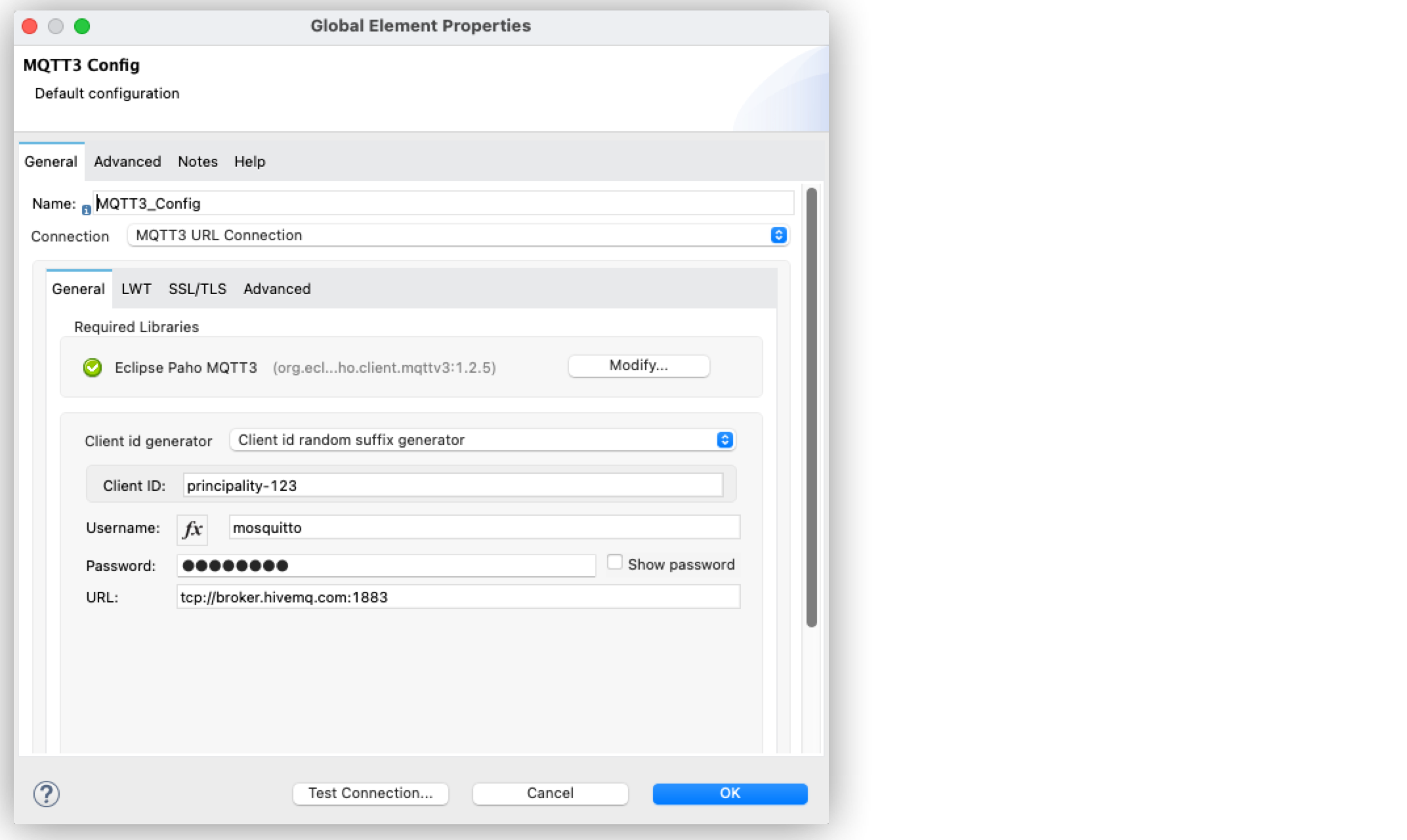 Client ID Random Suffix Generator configuration in Global Element Properties window