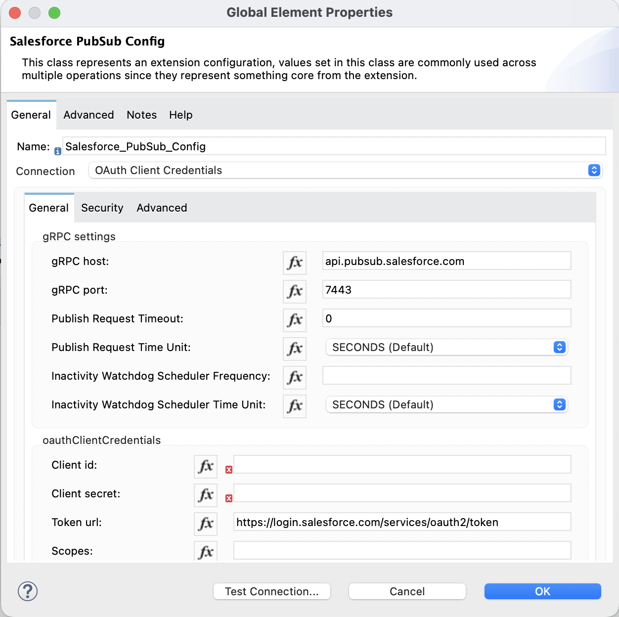 OAuth Client Credentials selected in the Connection section and authentication fields completed in the General tab
